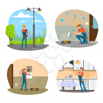 Electrician with equipment icon set for electrical service design. Professional electrician changing light bulb and repairing socket, electrical engineer checking electrical switchboard and light pole