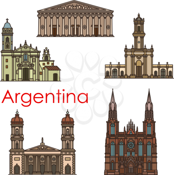 Argentina architecture landmarks and sightseeing building line icons. Vector set of Argenitinian churches and cathedrals of Buenos Aires El Pilar, San Salvador De Jujuy, San Miguel and La Plata