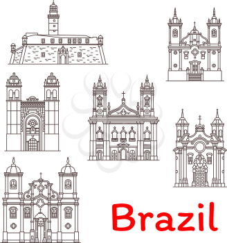 Brazil architecture landmarks and famous buildings facade line icons. Vector set of Brazilian churches, cathedrals of San Francisco, Nossa Senhora do Pilar in Rio de Janeiro and San Antonio Da Barra