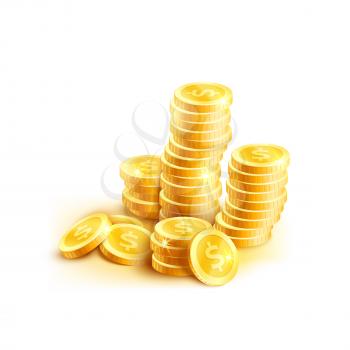 Golden coins pile or gold cent coin pile isolated icon. Vector golden dollar coins money for casino poker jackpot online bet game or rich wealth and banking currency or lottery design