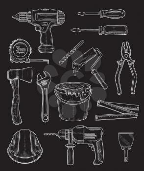 Repair work tools chalk sketch icons for home repair or renovation. Vector construction tools, carpentry hammer or saw, woodwork drill or screwdriver, house renovation trowel and paint brush