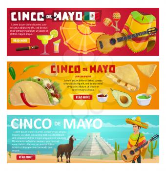 Cinco de Mayo greeting banner with mexican holiday food and fiesta party symbols. Spring festival sombrero, chili pepper and jalapeno, maracas, guitar and avocado, tequila and taco festive card design
