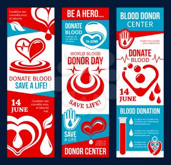 Blood donor medical center banner for World Blood Donor Day design. Red heart, helping hand and transfusion laboratory test tube with drop of blood and heartbeat line for promo flyer and card template