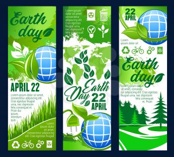 Earth Day celebration invitation banner with eco planet and green leaf. Ecology and environment protection poster of globe, bio nature tree and green energy wind turbine, recycle, eco transport sign