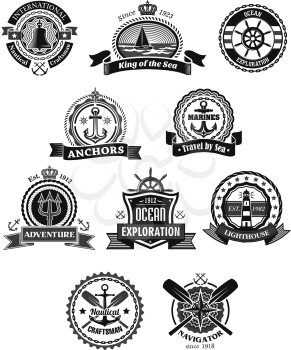 Nautical and marine heraldic badge set. Anchor, sea ship, helm, sailing boat, lighthouse, compass rose, ship bell and paddle, framed by rope, chain, shield and lifebuoy with ribbon banner
