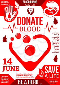 Blood Donor center banner with drop of donation blood. World Blood Donor Day poster with red heart and helping hand symbol for health charity and donor volunteer campaign design