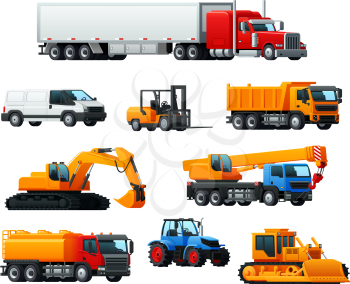 Road transport and heavy machinery 3d icon. Car or delivery van, lorry truck, bulldozer, tractor, dump truck, forklift truck, crane and excavator for transportation, cargo delivery, agriculture design