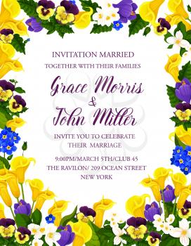 Wedding ceremony invitation card template with festive flower bouquet. Floral banner with frame of spring crocus, jasmine and pansy, calla lily and blooming plant for wedding or bridal shower design