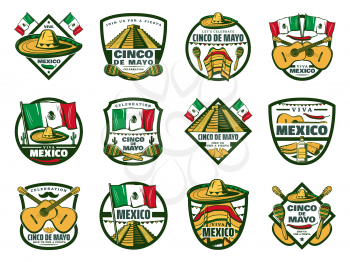 Cinco de Mayo mexican holiday label set. Sombrero, maracas and guitar, chili pepper, jalapeno and Mexico flag, cactus, tequila an aztec pyramid isolated badge for Latin American fiesta party design