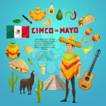 Cinco de Mayo mexican fiesta party greeting card for Latin American holiday design. Cinco de Mayo festival sombrero, maracas, chili and jalapeno pepper, Mexico flag, guitar, tequila and taco