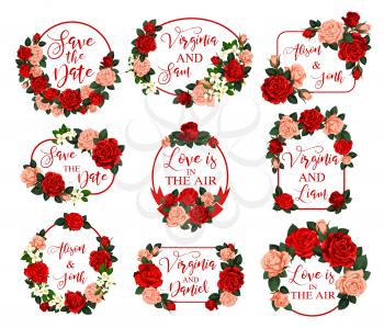 Flowers frames for Save the Date wedding invitation or greeting card design. Vector Love is in Air quotes of flourish blooming spring roses, blooming tulips and exotic orchids blossoms