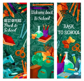 Back to School sale banners for September autumn seasonal school store discount promo on green chalkboard pattern. Vector school bag, books or paint brush and maple leaf, chemistry copybook or ruler