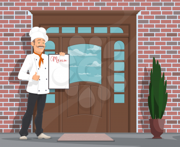 Chef with menu inviting to restaurant or cafe. Vector flat design of restaurant facade door and man chef in hat and red scarf holding menu and showing thumb up and invite to cafe or bar
