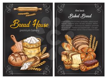 Bakery shop sketch posters design of bread, flour sack bag and sweet baked pastry. Vector wheat loaf and rye bagel or chocolate croissant, baguette and toast for baker store premium design