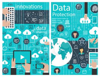 Data protection poster of internet digital innovations for web cloud information transfer. Vector cloud network system or file storage for information security and data sharing privacy