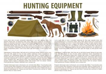 Hunting equipment infographic template with rifle and gun, fire and tent, dog and knife. Concept of sportive hunting, men hobby in wild life. Vector set of hunting equipment with copy space
