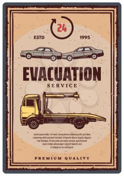 Wrecker truck with evacuated car retro-style poster. Towing truck evacuation service vintage symbol. Creative banner with heavy evacuator. Truck for transportation faults and emergency cars vector