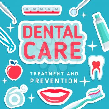 Dental care vector banner. Treatment and prevention dental illness concept. Infographic poster with dental equipment, toothbrush and toothpaste. Stomathologic equipment and symbol of healthy smile