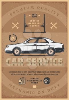 Car service vintage retro poster for automobile shop or mechanic repair center. Vector design of car, oil or petrol fuel canister and tire wheels for car diagnostics, spare parts and garage station