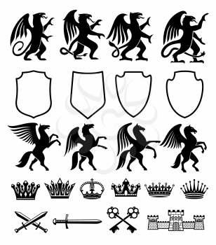 Heraldic royal coat of arms and heraldry signs constructor of Pegasus horse, Griffin bird or animal with shield, crowns and stars. Vector isolated heraldic badges of ornate keys, sword and castles