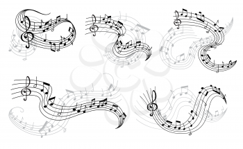 Music icons of musical staff or music stave notes and clef. Vector set of musical notes on staff for jazz club or classical opera concert and orchestra players performance