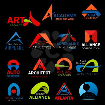 Letter A icons set for art or architect design studio and construction company design. Vector abstract geometric symbols of letter A for travel agency and car service company