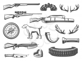 Hunter equipment and hunt items for open season or hunter club. Vector hunter dog, elk antlers carbine with bullets, compass and knife with binoculars, animal trap or horn and crossbow arbalest