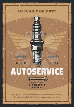 Car auto service vintage poster for automobile spare parts shop or mechanic repair and garage center. Vector retro advertisement design of car ignition spark plug with spanner wrench and stars