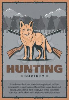 Hunting club or hunter society vintage poster of snow fox in mountains and crossed rifle guns. Vector retro design for wild hunt adventure in forest or hunter open season design