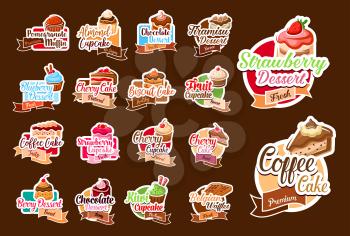 Desserts and pastry sweets stickers for patisserie or cafeteria menu design. Vector isolated set of chocolate muffin, strawberry cake and donut or tiramisu and premium brownie with berry cupcake