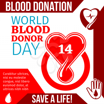 World Blood Donor Day medical banner of lifesaving blood donation. Helping hand symbol with red heart and drop of blood promotion poster for donor volunteering charity campaign design
