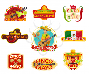 Mexican holiday fiesta party label for Cinco de Mayo celebration. Spring festival sombrero, chili pepper and jalapeno, festive food, drink and maracas, guitar, Mexico flag and ribbon with greetings