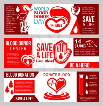 Blood Donor medical center banner set for blood donation template. Red drop of blood with heart and helping hand symbol for World Donor Day promotion flyer or health charity poster design