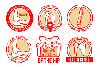 Orthopedics and rheumatology medical icons templates for joints and spine healthcare. Vector isolated symbols of body ankle, foot and hip joints and bones for orthopedic clinic or therapy