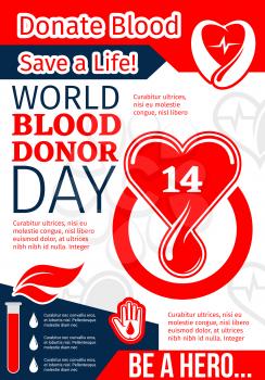 Donate Blood, Save Life banner for World Donor Day template. Red heart and helping hand with blood drop and heartbeat line for transfusion laboratory poster and donor center brochure design