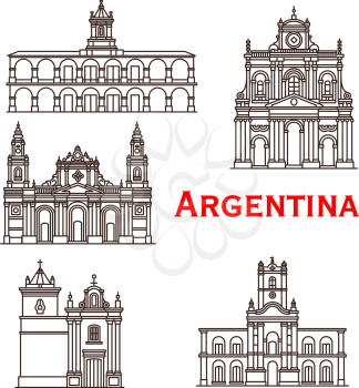 Argentina landmarks buildings and famous architecture line facade icons. Vector set of Salta and Saint Bernard monastery, Buenos Aires town hall and San Francisco cathedral of Latin America churches