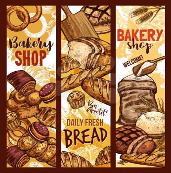 Bakery shop sketch banners of baked bread, flour sack bag and sweet desserts. Vector design template of baker store wheat loaf and rye bagel or chocolate croissant, baguette and toast for breakfast
