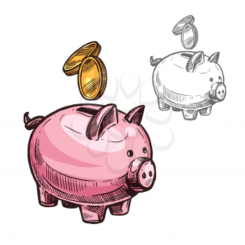 Piggy bank and golden coins sketch icon. Vector isolated symbol of pig penny bank or money box for savings or business investment and earnings profit concept design