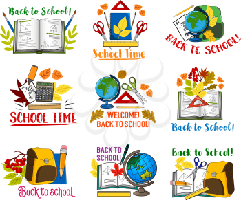 Welcome Back to School icons set of school bag and lesson stationery. Vector isolated pen, chemistry book or copybook and mathematics calculator, geometry pencil or maple leaf and geography globe