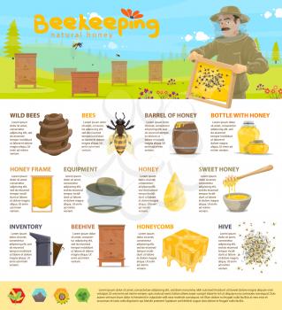 Beekeeping and honey production or apiary infographic poster template. Vector design of diagrams and icons for bees and honeycomb, statistics on beehives inventory and honey containers barrel and jars