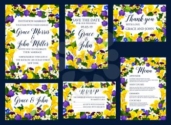 Wedding ceremony floral card template set. Calla lily, crocus, jasmine and pansy flower frame with green leaf branch for bridal shower party invitation, Save the Date and menu banner design