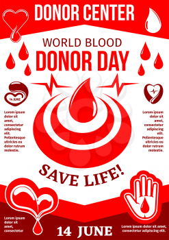 Drop of donation blood with red heart poster for World Blood Donor Day design. Helping hand symbol with dripping blood and heartbeat for volunteer donor center or transfusion laboratory flyer template