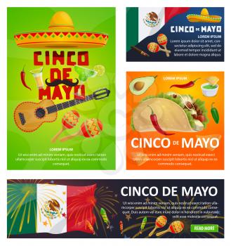 Mexican holiday greeting card set for Cinco de Mayo fiesta party design. Festive sombrero hat, maracas and guitar, chili pepper, jalapeno and traditional food, tequila, firework and Mexico flag banner