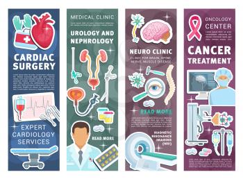 Hospital and medical clinic banners with doctors, research instruments and equipment. Cardiology, urology and nephrology, oncology and neurology medicine flyers with human organs and medical treatment