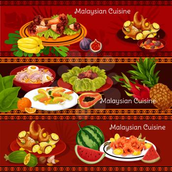 Malaysian cuisine restaurant banners with traditional food. Chicken wing and shrimp salad with chili sauce, noodle soup, stuffed crab claw, vegetable salad and chicken stew for exotic menu design
