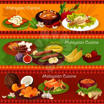 Malaysian cuisine banners for asian restaurant design. Chicken and beef curry with vegetable rice, grilled fish and chicken with bean sprout salad and peanut sauce, meat roll and banana dessert