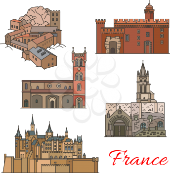 Travel landmarks of France thin line icons with French building. St Jacques Church, Abbey of St Martin and Fortification Castle, Basilica of St Nazarius and St Emilion Monolithic Church