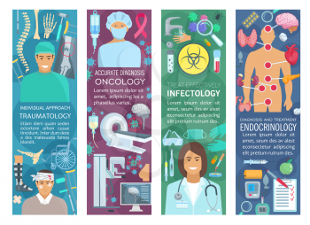 Traumatology, oncology, endocrinology and infectiology medicine banners. Medical hospital doctor flyer with traumatologist, oncologist, endocrinologist and infectiologist with health care symbol