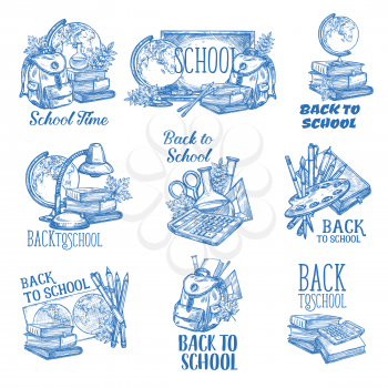 Welcome Back to School ink pen sketch icons. Vector isolated set of school bag, geography map globe or biology microscope and chemistry vial, books and stationery pencil, ruler or maple leaf