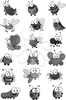 Bugs or insects isolated cartoon icons. Cricket or grasshopper, bee bumblebee or hornet wasp, ladybug or ladybird. Vector set of mosquito fly or butterfly moth and caterpillar with ant, dragonfly and spider